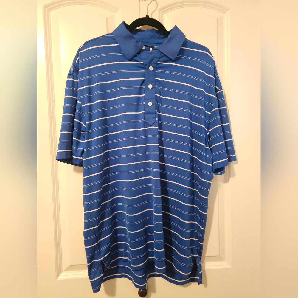 FootJoy Men's Golf Shirt Blue & White Polo Short Sleeve Shirt Pinstripes SZ L